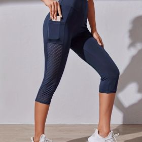 High Waist Yoga Capri Pants, Tummy Control Sports Legging Capri For Women With Out Pockets And Mesh Design (Color: Navy Blue)