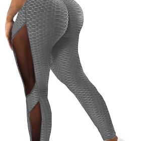 Honeycomb Mesh Contrast Leggings, Sporty Skinny High Waist Lifting Yoga Leggings, Women's Clothing (Color: grey)