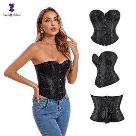 Sexy Women Steampunk Clothing Gothic Plus Size Corsets Lace Up Boned Overbust Bustier Waist Cincher Body Shaper Corselet S-6XL (Color: 883 black)