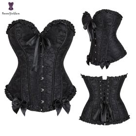 Sexy Women Steampunk Clothing Gothic Plus Size Corsets Lace Up Boned Overbust Bustier Waist Cincher Body Shaper Corselet S-6XL (Color: 805 black)