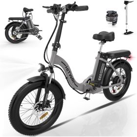 HITWAY BK6M Electric Bike for Adults, 20" Fat Tire E Bike 750W 20MPH Removable Folding Electric Bike, 48V/14Ah 55-120KM 7 Speed (Color: Light Grey)