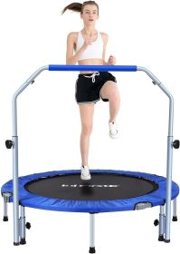 48" Foldable Fitness Trampolines with 4 Level Adjustable Heights Foam Handrail,Jump Trampoline for Kids and Adults (Color: Blue)