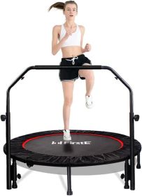 48" Foldable Fitness Trampolines with 4 Level Adjustable Heights Foam Handrail,Jump Trampoline for Kids and Adults (Color: Black)