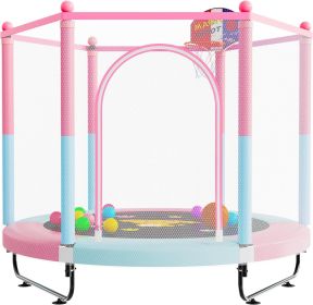 60" Trampoline for Kids, 5 FT Indoor & Outdoor Small Toddler Trampoline with Basketball Hoop, Safety Enclosure, Baby Trampoline (Color: Pink Blue)