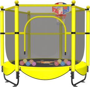 60" Trampoline for Kids, 5 FT Indoor & Outdoor Small Toddler Trampoline with Basketball Hoop, Safety Enclosure, Baby Trampoline (Color: Yellow-BD)