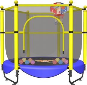 60" Trampoline for Kids, 5 FT Indoor & Outdoor Small Toddler Trampoline with Basketball Hoop, Safety Enclosure, Baby Trampoline (Color: Blue-BD)