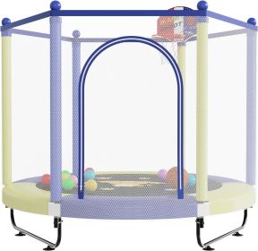 60" Trampoline for Kids, 5 FT Indoor & Outdoor Small Toddler Trampoline with Basketball Hoop, Safety Enclosure, Baby Trampoline (Color: Yellow Blue)