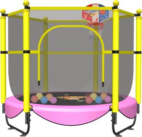 60" Trampoline for Kids, 5 FT Indoor & Outdoor Small Toddler Trampoline with Basketball Hoop, Safety Enclosure, Baby Trampoline (Color: Fuchsia)