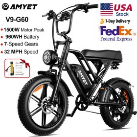 AMYET V9-G60 Adults Electric Bike 1000W Motor Bicycle 48V 20AH 20' Tire Ebike Electric E Bikes Mountain Moped Ebikes For Men (Color: Black)